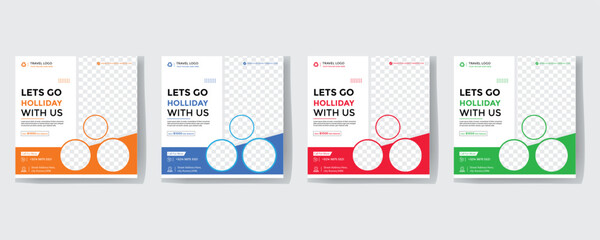 Set of travel sale social media post template. Web banner, flyer or poster for travelling agency business offer promotion. Holiday and tour advertisement banner design