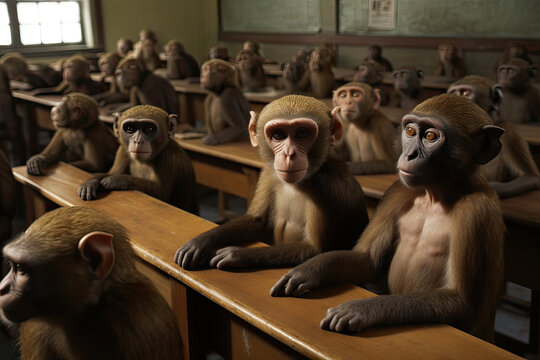 Monkey primates sat in a school classroom at old wooden desks