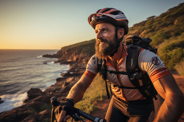 Handsome cyclist riding a bicycle along the ocean coast on sunny summer evening.