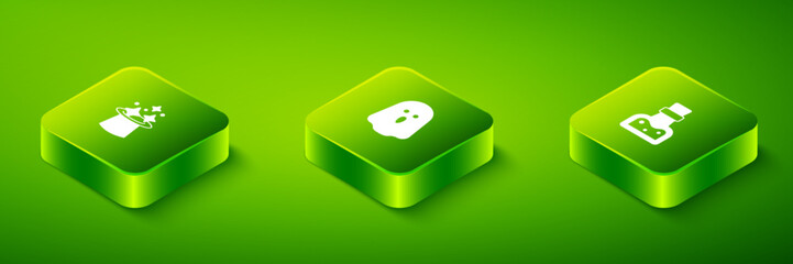 Set Isometric Ghost, Bottle with potion and Magic hat icon. Vector