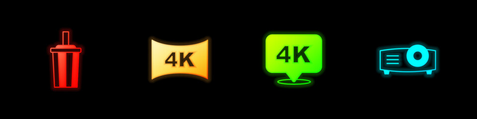 Set Paper glass with water, Screen tv 4k, Ultra HD and Movie, film, media projector icon. Vector