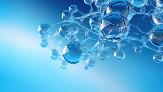 Oxygen bubbles in clear blue water, close-up. Mineral water. Water enriched with oxygen. Generated with AI