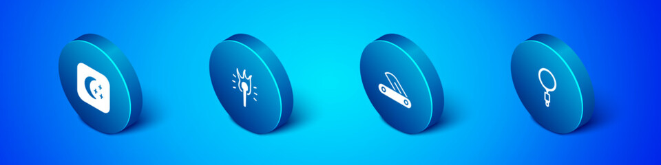 Set Isometric Moon and stars, Swiss army knife, Magnifying glass and Torch flame icon. Vector