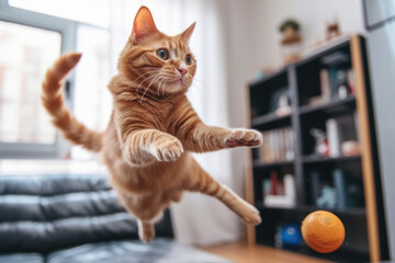 Ginger cat jumping around playing with a cat toy at home. Having fun with pets indoors.