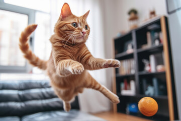 Fototapeta na wymiar Ginger cat jumping around playing with a cat toy at home. Having fun with pets indoors.