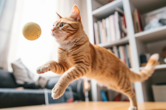 Ginger cat jumping around playing with a cat toy at home. Having fun with pets indoors.