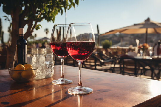 Two glasses of red wine in a restaurant overlooking beautiful mediterranean landscape on sunset. Drinking wine, evening lights, sun setting in Italy.