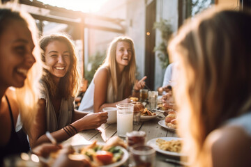 Group of cheerful friends having fun at dinner party. Multi-ethnic people having a get together outdoors.