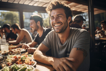 Group of cheerful friends having fun at dinner party. Multi-ethnic people having a get together outdoors.
