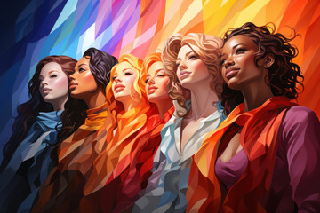 Cheerful group of women standing together in a row. Strong and empowered women wearing multicolor dresses. Group of self-assured women embracing girl power.