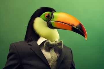 Anthropomorphic toucan dressed in a suit like a businessman. Business Concept. AI generated, human enhanced