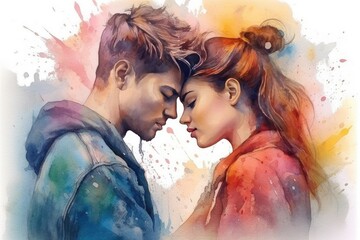 A young couple in love hugs tenderly. Watercolor illustration. Generative AI - obrazy, fototapety, plakaty
