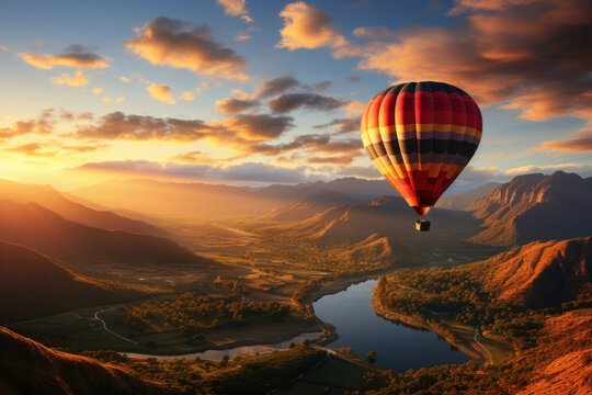 Fototapeta Colourful hot air balloon floating over distant fields and meadows covered with fog on sunny sunrise.