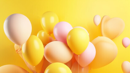 Pastel yellow table with colorful balloons and confetti for birthday top view. Flat lay style. AI generated