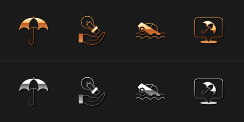 Set Umbrella, Light bulb in hand, Flood car and icon. Vector
