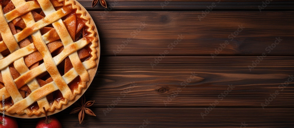 Aufkleber classic apple pie with space for text on a wooden table, arranged in a flat lay. perfect for