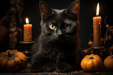 Fluffy black cat among lit candles and pumpkins. Celebrating Halloween.