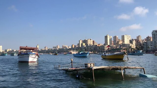 The marine area in Alexandria, Egypt. The area is famous for its marina for boats, cruise ships, and yachts. 2-July-2023