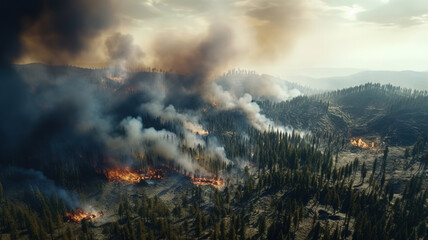 Fototapeta na wymiar Aerial view of mountain forest fire. Generative AI