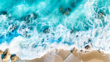 Rolgordijnen Beach and waves from top view. Turquoise water background from top view. Summer seascape from air. Top view from drone. Travel concept and idea, view of the ocean from above, generated AI  © millenius