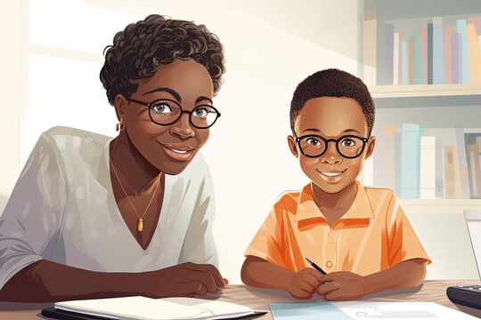 Illustration with black 10 years old boy with a teacher have a lesson or make homework