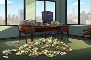 Flat illustration of empty office with stacks of money on the floor, table and chair