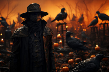 Young man dressed as a terrifying scarecrow. Male wearing scary Halloween make-up on a spooky pumpkin patch with vicious black crows.