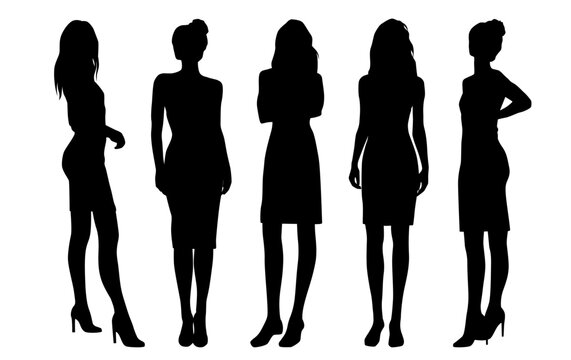Vector silhouettes of a young attractive slender women in a summer dress, standing, black color, isolated on a white background