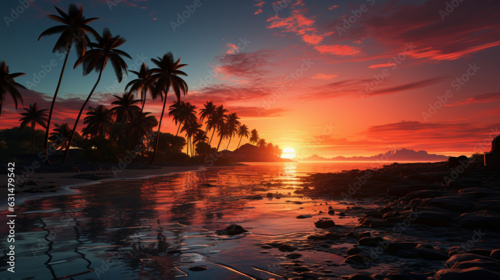 Wall mural Beautiful sunset tropical beach with palm tree and pink sky.