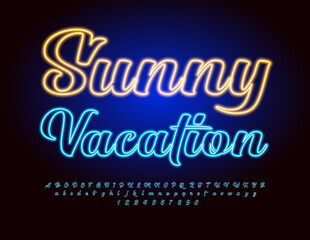Vector Neon Poster Sunny Vacation. Blue Glowing Font. Creative Alphabet Letters and Numbers set