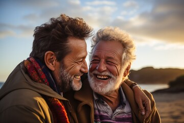Senior lgbt man happy moment on the beach with golden hour with domestic life.