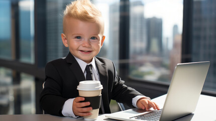 Cute toddler boy dressed as a business man sitting in office chair. Small child with a laptop computer on his desk, drinking coffee. Little boss working in his office.
