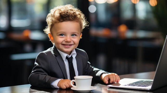 Cute toddler boy dressed as a business man sitting in office chair. Small child with a laptop computer on his desk, drinking coffee. Little boss working in his office.