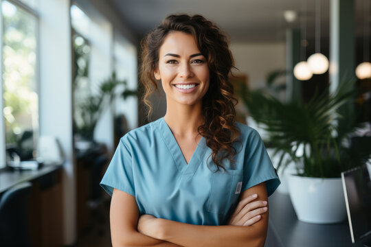 Beautiful smiling female nurse or a doctor wearing scrubs in a hospital. Cheerful medical staff portrait.