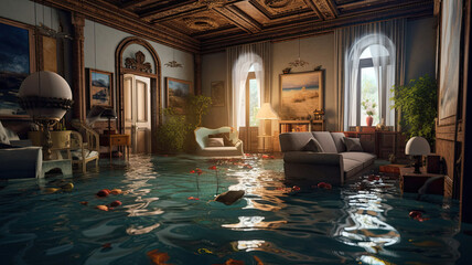 Water damage in living room, flood disaster after hurricane insurance, climate change concept image with floating furniture, interior elements.
