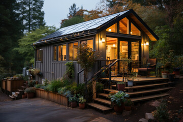 Tiny modern wooden house with solar panels on the roof. Night view of a beautiful big windows house with photovoltaic cells.