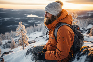 Male hiker admiring a scenic view from a snowy mountain top. Adventurous young man with a backpack. Hiking and trekking on a nature trail. Traveling by foot.