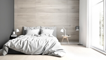 white bed in a bedroom, made with AI gereration