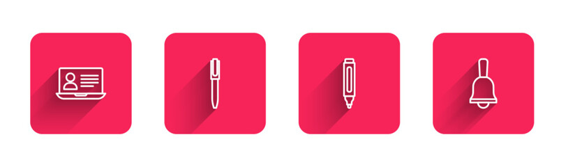 Set line Online class, Pen, Marker pen and Ringing bell with long shadow. Red square button. Vector