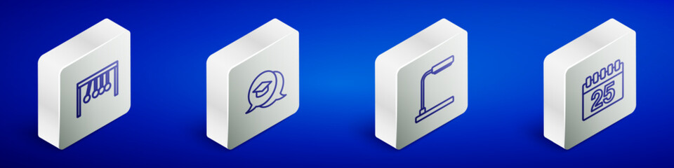 Set Isometric line Pendulum, Graduation cap in speech bubble, Table lamp and Calendar icon. Vector
