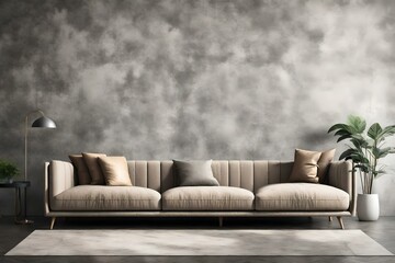 Modern Cozy Sofa and concrete wall in Living Room Interior, Modern design, mock-up furniture decorative interior, 3d rendering, Generative AI