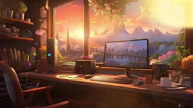 a desk in the living room with window space, in the style of anime aesthetic, detailed landscapes