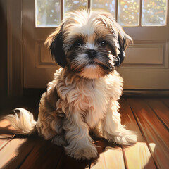 Dog in painting style  sitting close to the door. AI generated