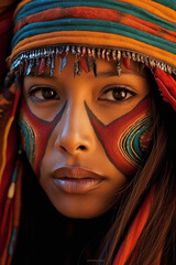 Woman with tribe festival painting on face. AI generated