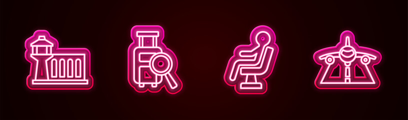 Set line Airport control tower, Lost baggage, Human waiting in airport terminal and Plane. Glowing neon icon. Vector - obrazy, fototapety, plakaty