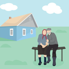 Two elderly people sit on a bench against the background of a village house, flat vector, minimalism, grandparents