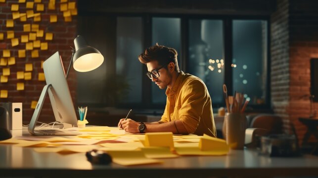 creative designer hipster working conventrate work late night he stay in office full with sticky note remind paper time out deadline ideas concept in office,ai generate - Powered by Adobe