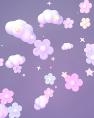 3d rendered cartoon flowers and stars in the lavender purple color sky.