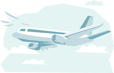 Plane flies in the sky among the clouds. Airplane takeoff for airline logo, airline tickets and travel advertising.