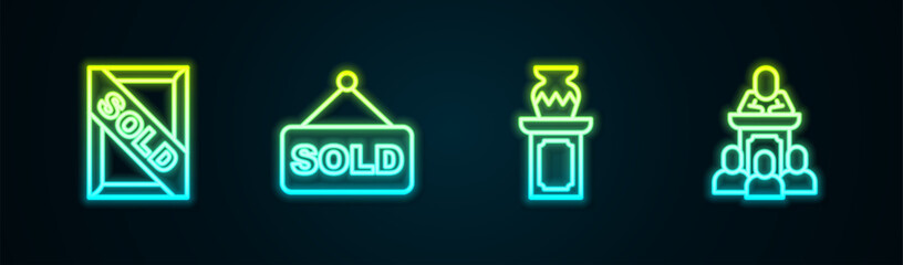 Set line Auction painting sold, ancient vase and auctioneer sells. Glowing neon icon. Vector